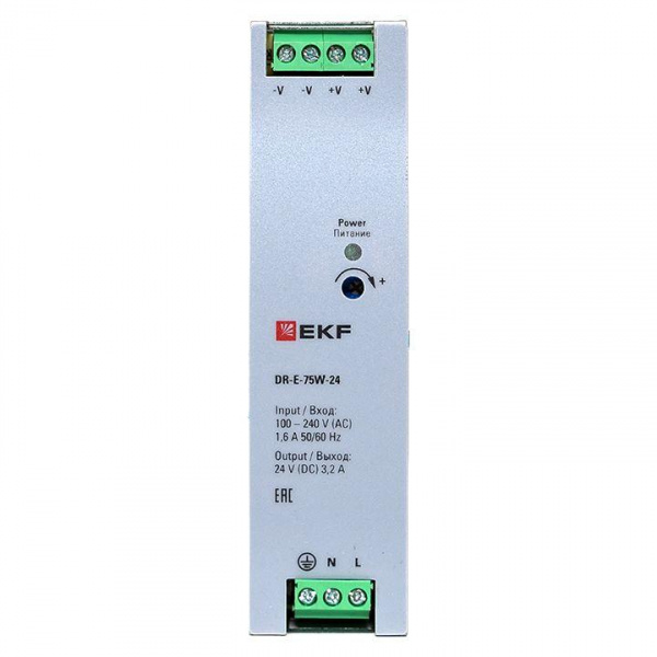 Блок питания на дин рейку 75Вт Uвх 220В AC Uвых 24В DC постоянного тока EKF DR-E-75W-24